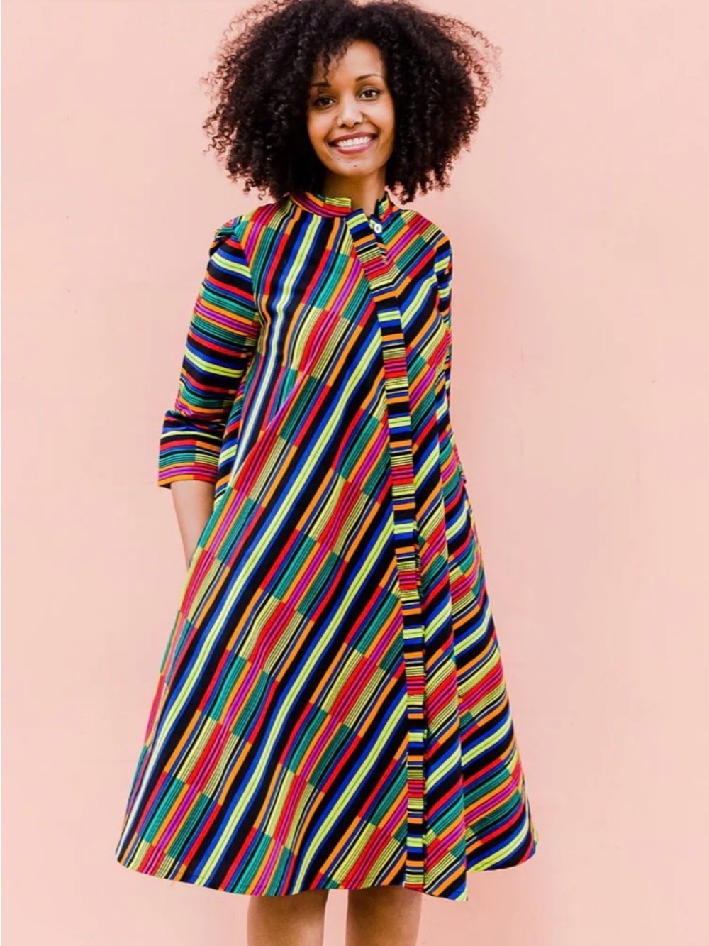 Zuri Made in Kenya Chromatic Striped Multicolor Rainbow Shirt Dress Size S